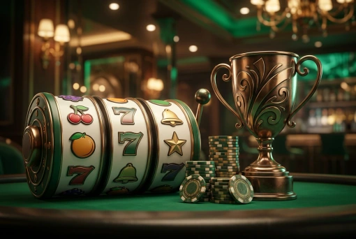 Rolos de slot com símbolos de frutas e setes ao lado de um troféu simples e fichas de cassino
